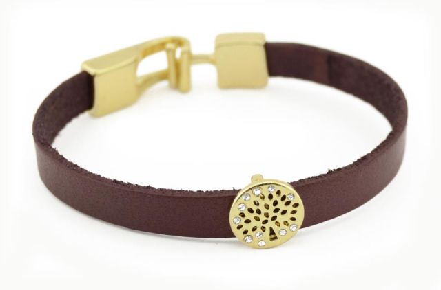 PULSERA CUERO CIRC. BRILLOS VINO