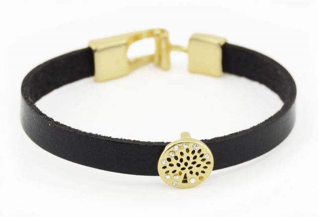 PULSERA CUERO CIRC. BRILLOS NEGRO
