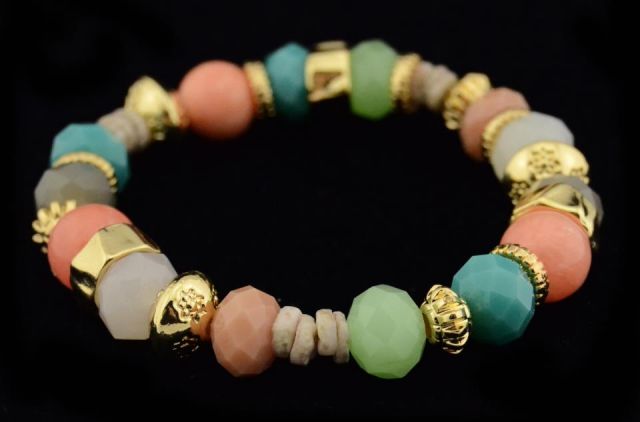 PULSERA BOLAS+PIEZAS DORADAS SALMON