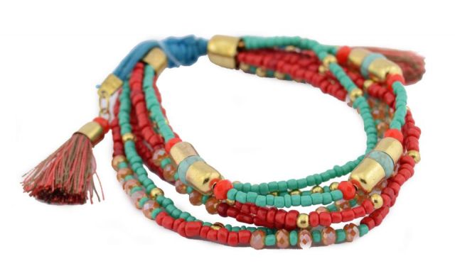 PULSERA VUELTAS TURQ Y CORAL