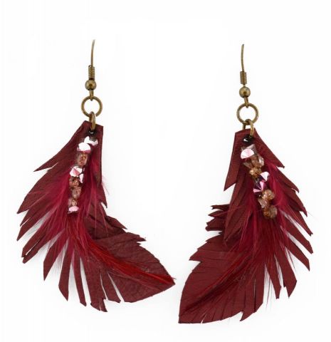 PENDIENTES PLUMA LARGO GRANATE