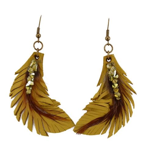 PENDIENTES PLUMA LARGO MOSTAZA