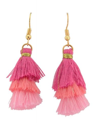 PENDIENTES POMPONES 3 PISOS MIN ROSA