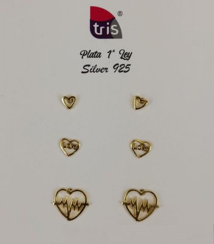 PENDIENTES AG 3 PARES CORAZON CARDIO BAÑADO ORO